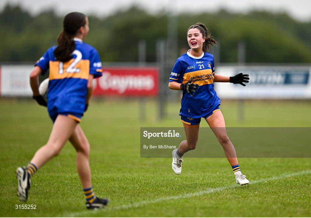 8 June 2025; Tipperary players celebrate at the final whistle of the LGFA All-Ireland U14 Silver Final match between Tipperary and Cavan at Coralstown/Kinnegad GAA in Westmeath. Photo by Ben McShane/Sportsfile