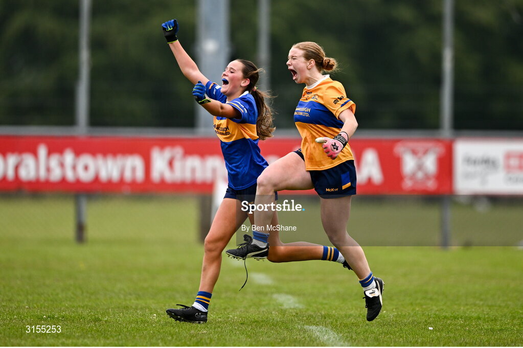 8 June 2025; Tipperary players celebrate at the final whistle of the LGFA All-Ireland U14 Silver Final match between Tipperary and Cavan at Coralstown/Kinnegad GAA in Westmeath. Photo by Ben McShane/Sportsfile
