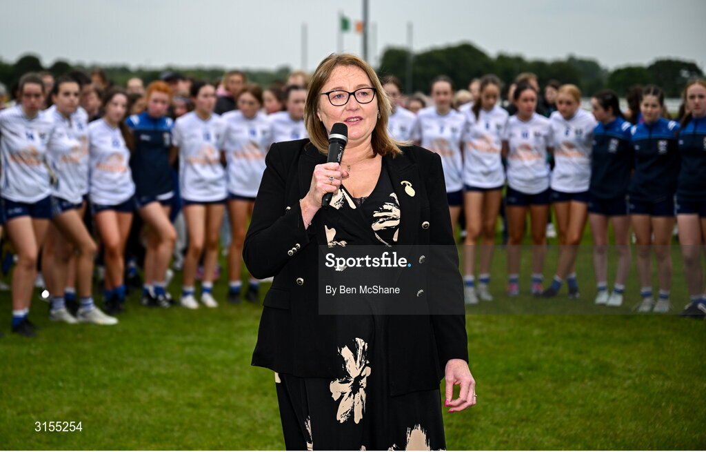 8 June 2025; Trina Murray, LGFA President, makes a speech after the LGFA All-Ireland U14 Silver Final match between Tipperary and Cavan at Coralstown/Kinnegad GAA in Westmeath. Photo by Ben McShane/Sportsfile