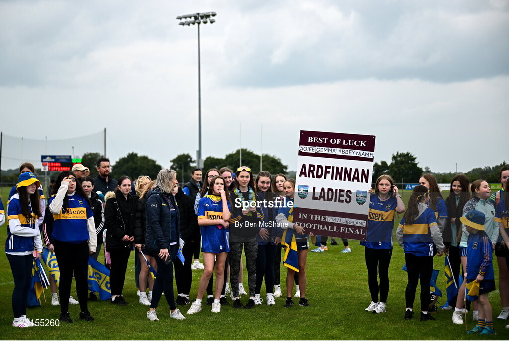 8 June 2025; Tipperary supporters celebrate their side's victory in the LGFA All-Ireland U14 Silver Final match between Tipperary and Cavan at Coralstown/Kinnegad GAA in Westmeath. Photo by Ben McShane/Sportsfile