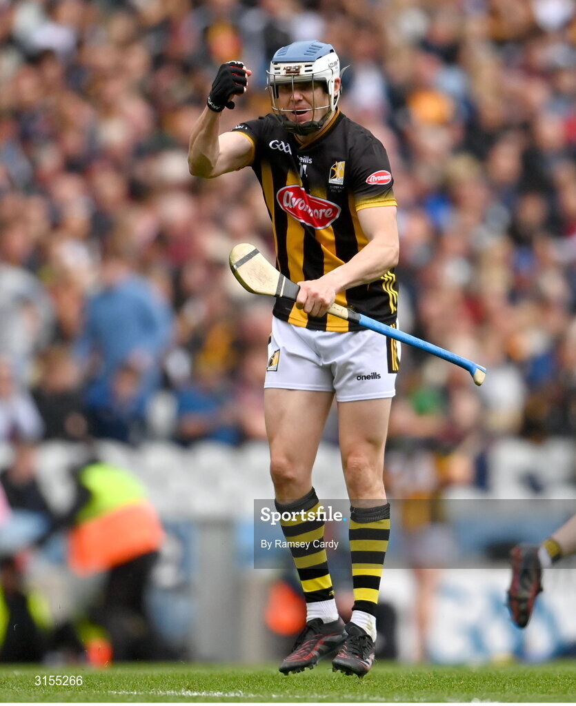 8 June 2025; TJ Reid of Kilkenny celebrates after scoring his side's second goal during the Leinster GAA Senior Hurling Championship final match between Kilkenny and Galway at Croke Park in Dublin. Photo by Ramsey Cardy/Sportsfile