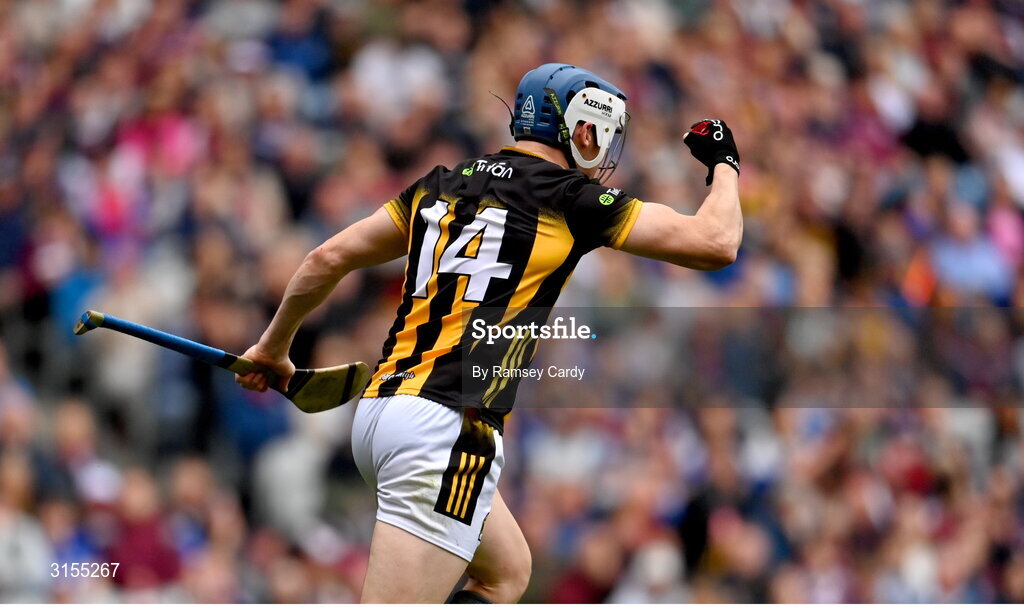 8 June 2025; TJ Reid of Kilkenny celebrates after scoring his side's second goal during the Leinster GAA Senior Hurling Championship final match between Kilkenny and Galway at Croke Park in Dublin. Photo by Ramsey Cardy/Sportsfile