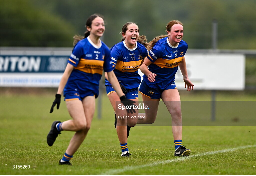 8 June 2025; Tipperary players celebrate at the final whistle of the LGFA All-Ireland U14 Silver Final match between Tipperary and Cavan at Coralstown/Kinnegad GAA in Westmeath. Photo by Ben McShane/Sportsfile