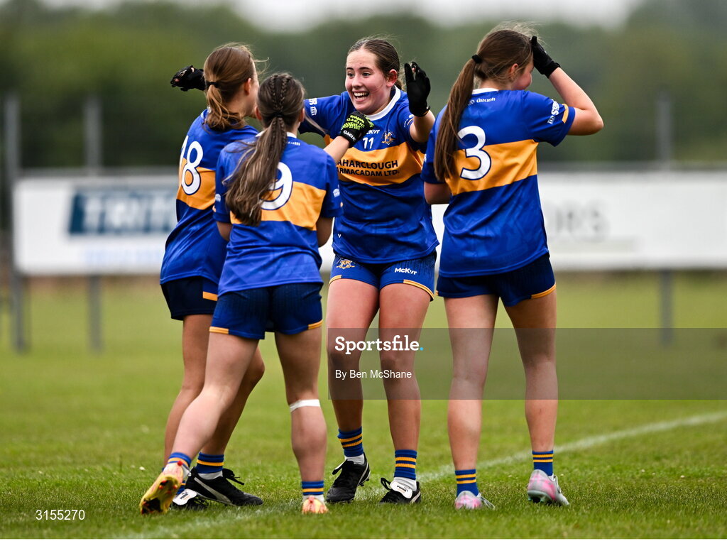 8 June 2025; Tipperary players celebrate at the final whistle of the LGFA All-Ireland U14 Silver Final match between Tipperary and Cavan at Coralstown/Kinnegad GAA in Westmeath. Photo by Ben McShane/Sportsfile