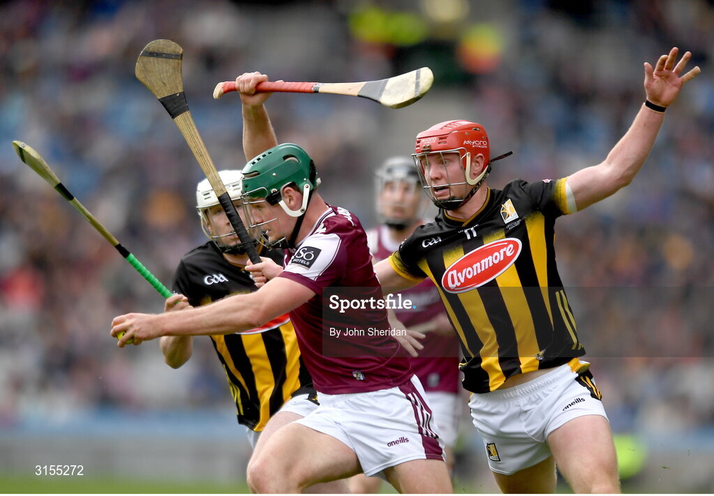 8 June 2025; Gavin Lee of Galway is tackled by Kilkenny players, from left, Jordan Molloy and Adrian Mullen during the Leinster GAA Senior Hurling Championship final match between Kilkenny and Galway at Croke Park in Dublin. Photo by John Sheridan/Sportsfile