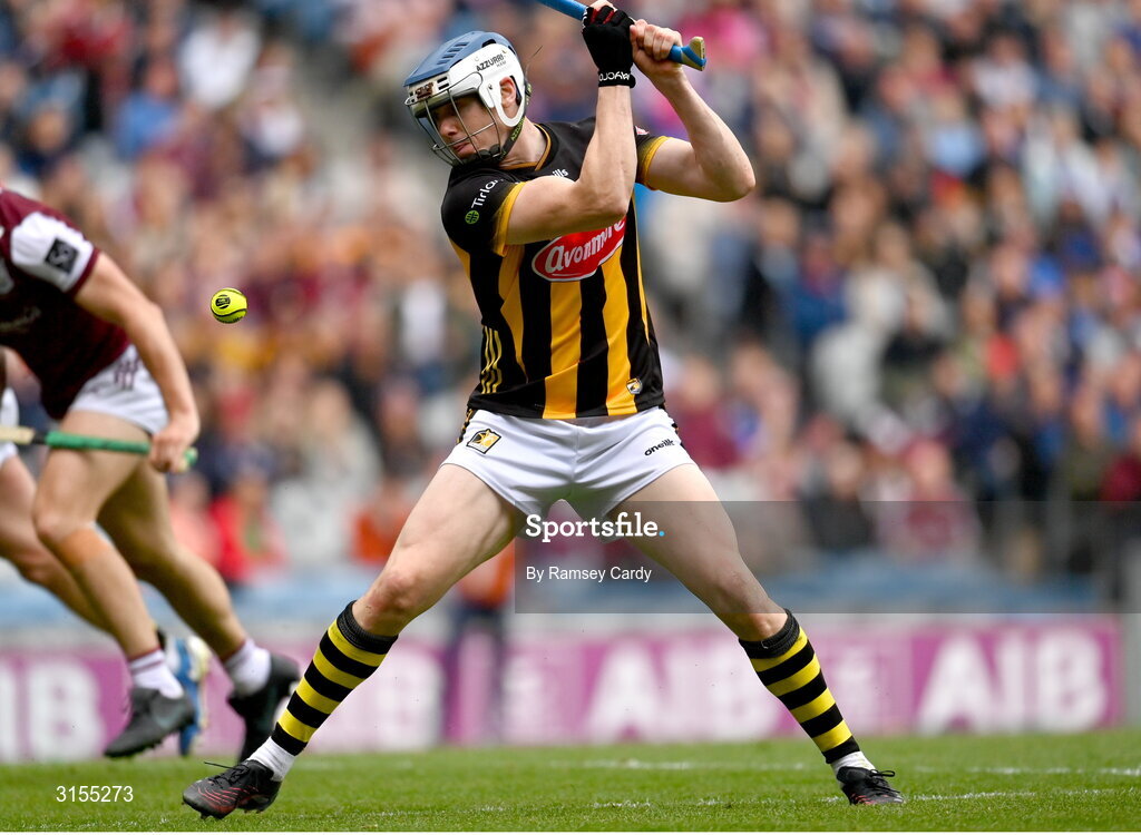 8 June 2025; TJ Reid of Kilkenny shoots to score his side's second goal during the Leinster GAA Senior Hurling Championship final match between Kilkenny and Galway at Croke Park in Dublin. Photo by Ramsey Cardy/Sportsfile