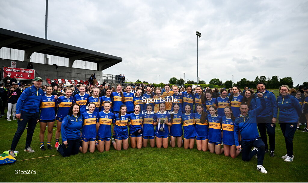 8 June 2025; Tipperary players celebrate with the cup after the LGFA All-Ireland U14 Silver Final match between Tipperary and Cavan at Coralstown/Kinnegad GAA in Westmeath. Photo by Ben McShane/Sportsfile