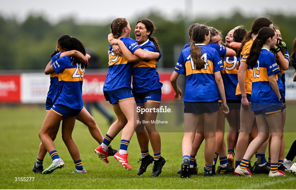 8 June 2025; Tipperary players celebrate at the final whistle of the LGFA All-Ireland U14 Silver Final match between Tipperary and Cavan at Coralstown/Kinnegad GAA in Westmeath. Photo by Ben McShane/Sportsfile