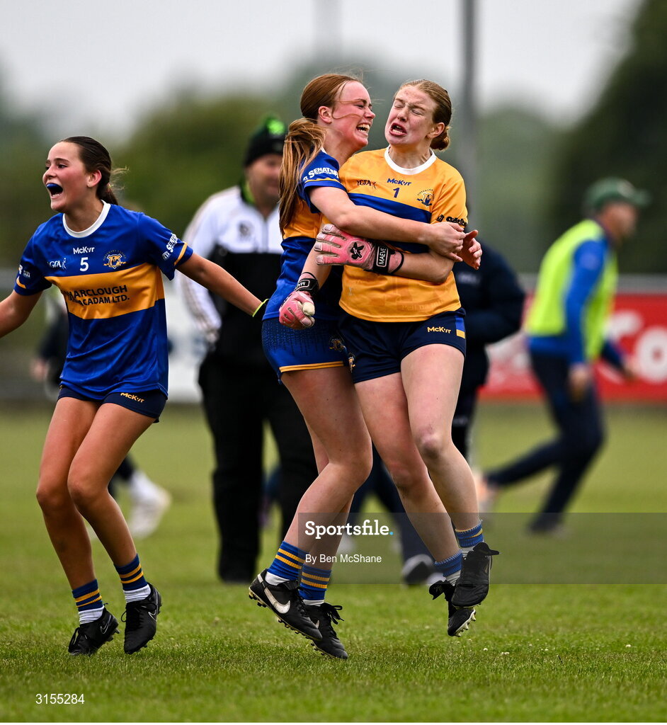 8 June 2025; Tipperary players celebrate at the final whistle of the LGFA All-Ireland U14 Silver Final match between Tipperary and Cavan at Coralstown/Kinnegad GAA in Westmeath. Photo by Ben McShane/Sportsfile