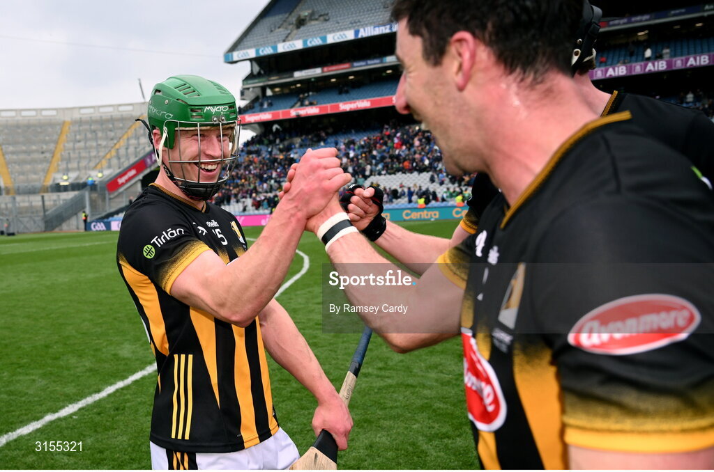 8 June 2025; Martin Keoghan of Kilkenny, left, celebrates after the Leinster GAA Senior Hurling Championship final match between Kilkenny and Galway at Croke Park in Dublin. Photo by Ramsey Cardy/Sportsfile