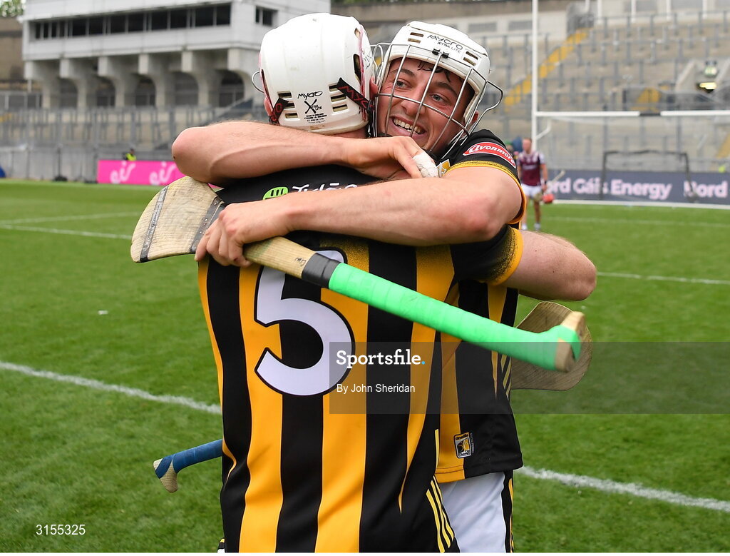8 June 2025; Kilkenny players, from left, Mikey Carey and Cian Kenny celebrate after winning the Leinster GAA Senior Hurling Championship final match between Kilkenny and Galway at Croke Park in Dublin. Photo by John Sheridan/Sportsfile