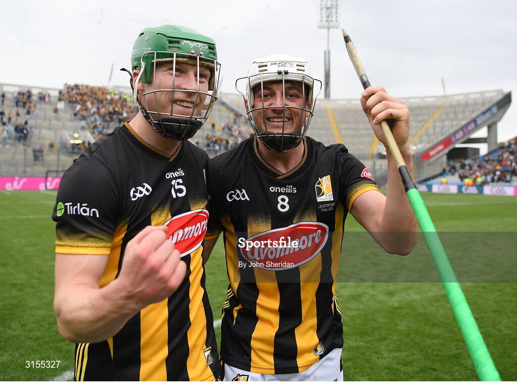 8 June 2025; Kilkenny players, from left, Martin Keoghan and Cian Kenny celebrate after winning the Leinster GAA Senior Hurling Championship final match between Kilkenny and Galway at Croke Park in Dublin. Photo by John Sheridan/Sportsfile