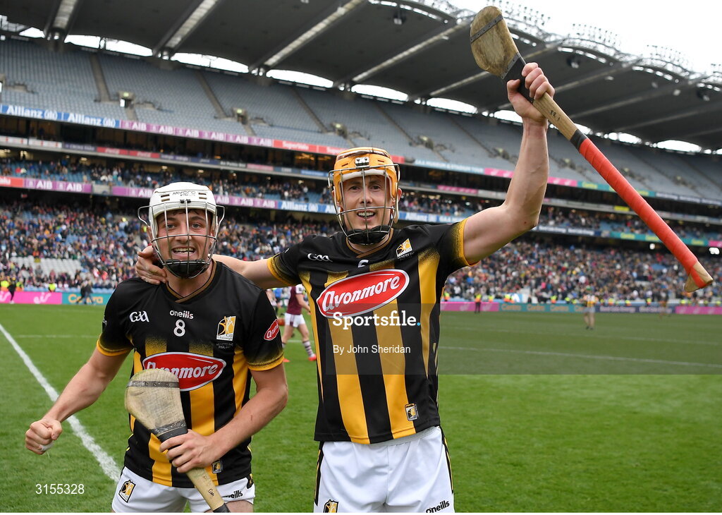 8 June 2025; Kilkenny players, from left, Cian Kenny and Richie Reid celebrate after winning the Leinster GAA Senior Hurling Championship final match between Kilkenny and Galway at Croke Park in Dublin. Photo by John Sheridan/Sportsfile