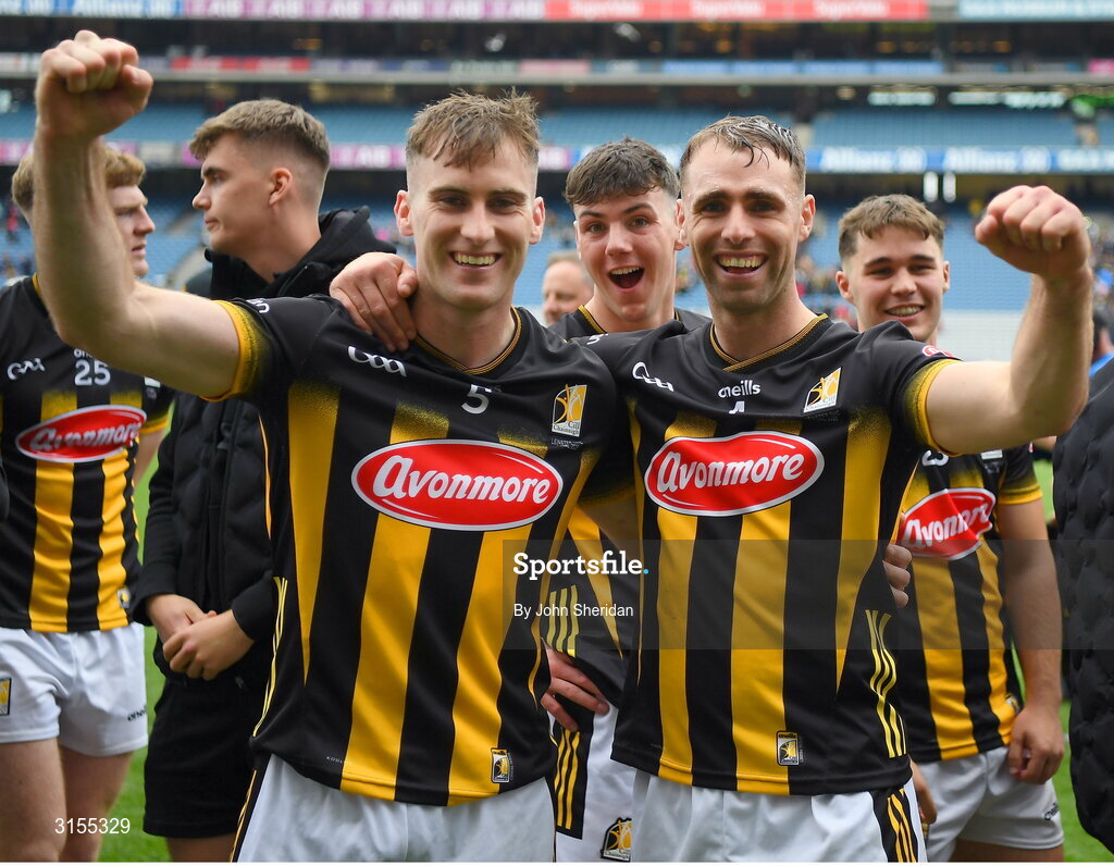 8 June 2025; Kilkenny players, from left, Mikey Carey and Tommy Walsh celebrate after winning the Leinster GAA Senior Hurling Championship final match between Kilkenny and Galway at Croke Park in Dublin. Photo by John Sheridan/Sportsfile