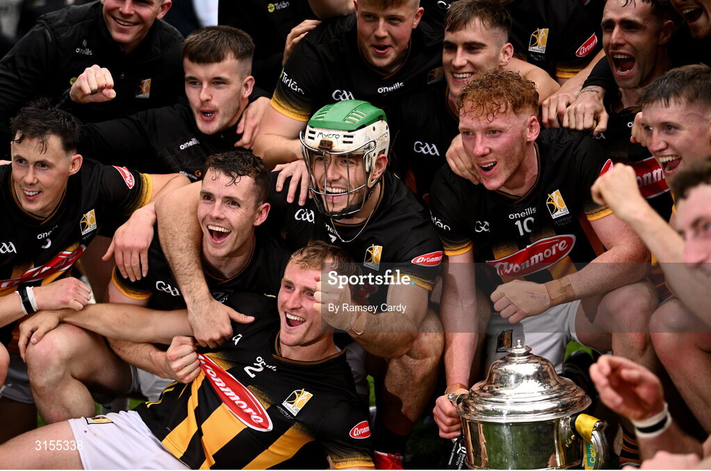 8 June 2025; The Kilkenny team celebrate with the Bob O'Keeffe Cup after the Leinster GAA Senior Hurling Championship final match between Kilkenny and Galway at Croke Park in Dublin. Photo by Ramsey Cardy/Sportsfile