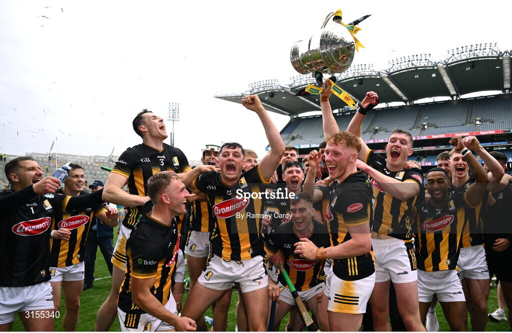 8 June 2025; The Kilkenny team celebrate with the Bob O'Keeffe Cup after the Leinster GAA Senior Hurling Championship final match between Kilkenny and Galway at Croke Park in Dublin. Photo by Ramsey Cardy/Sportsfile