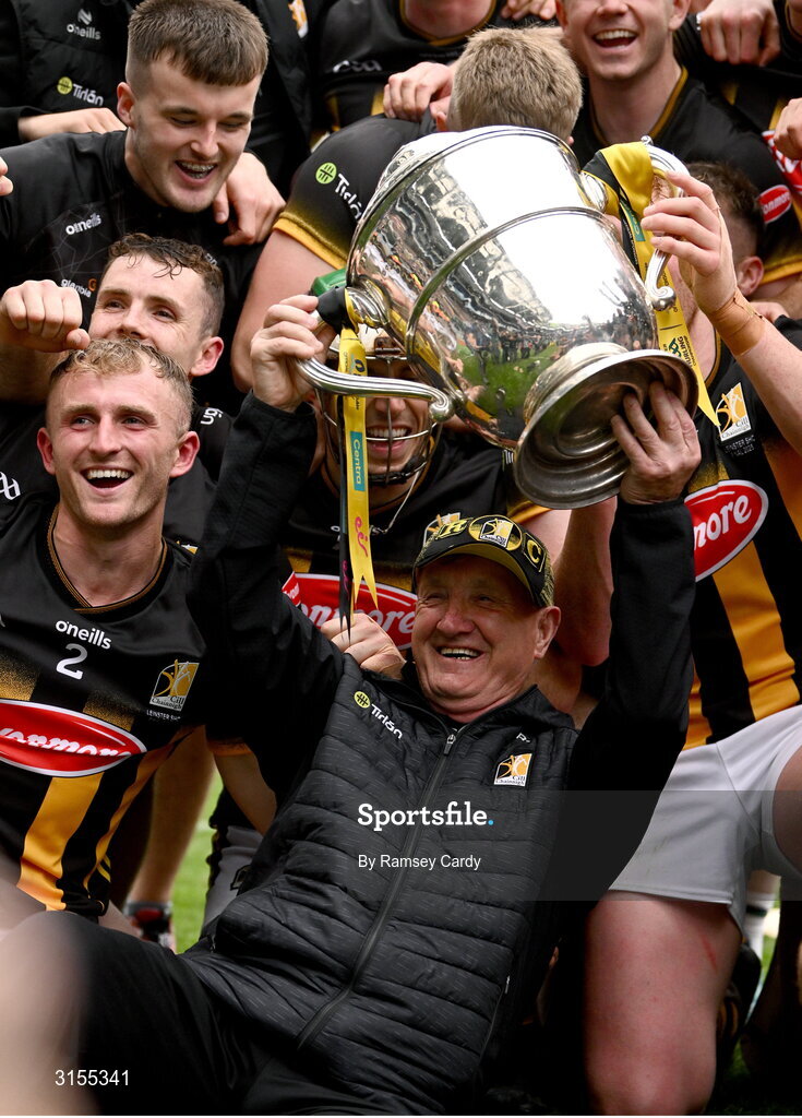 8 June 2025; Kilkenny kitman Dennis 'Rackard' Coady lifts the Bob O'Keeffe Cup after the Leinster GAA Senior Hurling Championship final match between Kilkenny and Galway at Croke Park in Dublin. Photo by Ramsey Cardy/Sportsfile