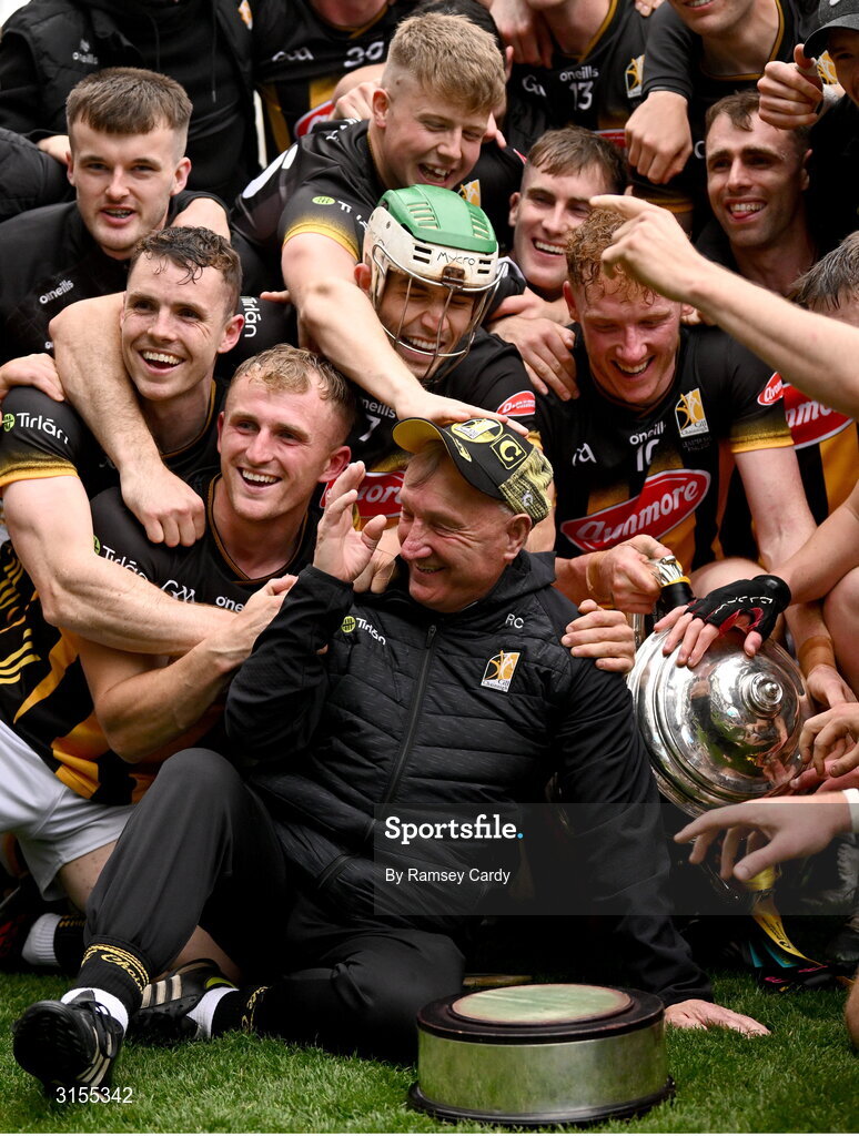 8 June 2025; The Kilkenny team celebrate with kitman Dennis 'Rackard' Coady and the Bob O'Keeffe Cup after the Leinster GAA Senior Hurling Championship final match between Kilkenny and Galway at Croke Park in Dublin. Photo by Ramsey Cardy/Sportsfile