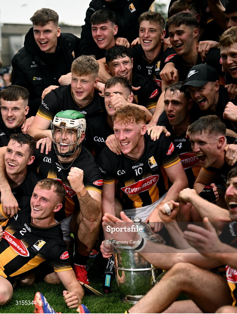 8 June 2025; The Kilkenny team celebrate with the Bob O'Keeffe Cup after the Leinster GAA Senior Hurling Championship final match between Kilkenny and Galway at Croke Park in Dublin. Photo by Ramsey Cardy/Sportsfile