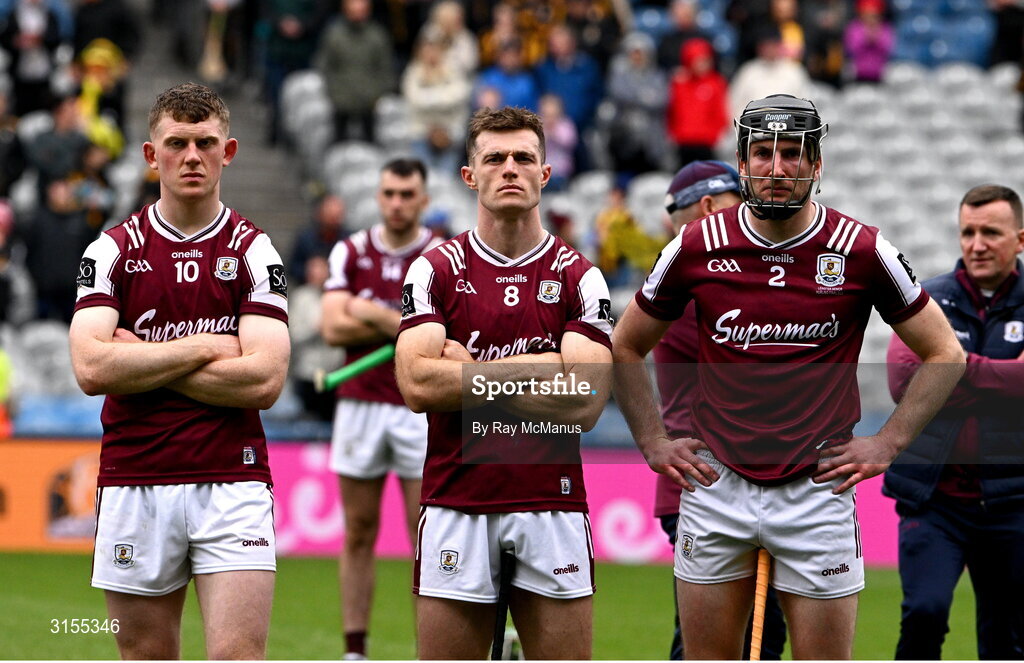 8 June 2025; Galway players John Fleming, Seán Linnane and Padraic Mannion, right, after the Leinster GAA Senior Hurling Championship final match between Kilkenny and Galway at Croke Park in Dublin. Photo by Ray McManus/Sportsfile