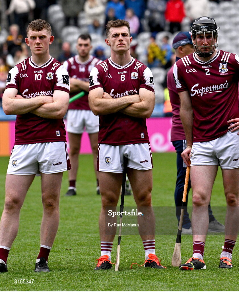8 June 2025; Galway players John Fleming, Seán Linnane and Padraic Mannion, right, after the Leinster GAA Senior Hurling Championship final match between Kilkenny and Galway at Croke Park in Dublin. Photo by Ray McManus/Sportsfile