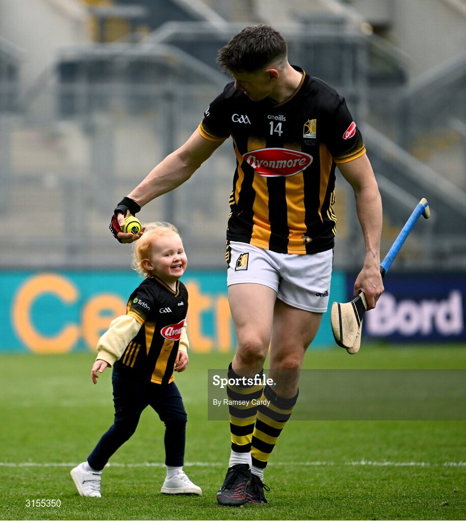 8 June 2025; TJ Reid of Kilkenny with his daughter Harper after the Leinster GAA Senior Hurling Championship final match between Kilkenny and Galway at Croke Park in Dublin. Photo by Ramsey Cardy/Sportsfile