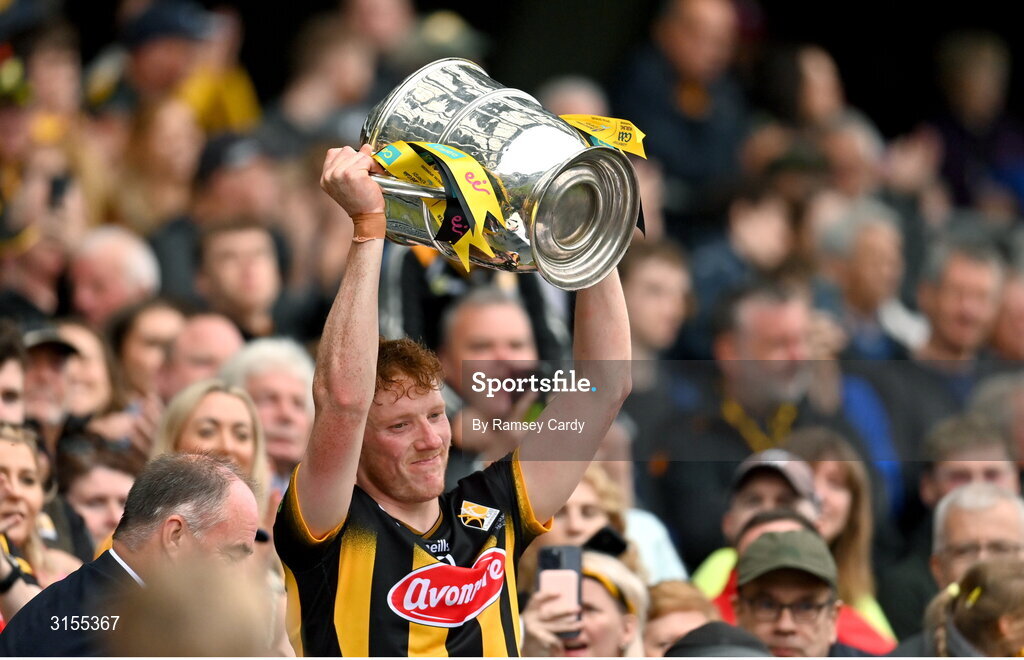 8 June 2025; Kilkenny captain John Donnelly lifts the Bob O'Keeffe Cup after the Leinster GAA Senior Hurling Championship final match between Kilkenny and Galway at Croke Park in Dublin. Photo by Ramsey Cardy/Sportsfile