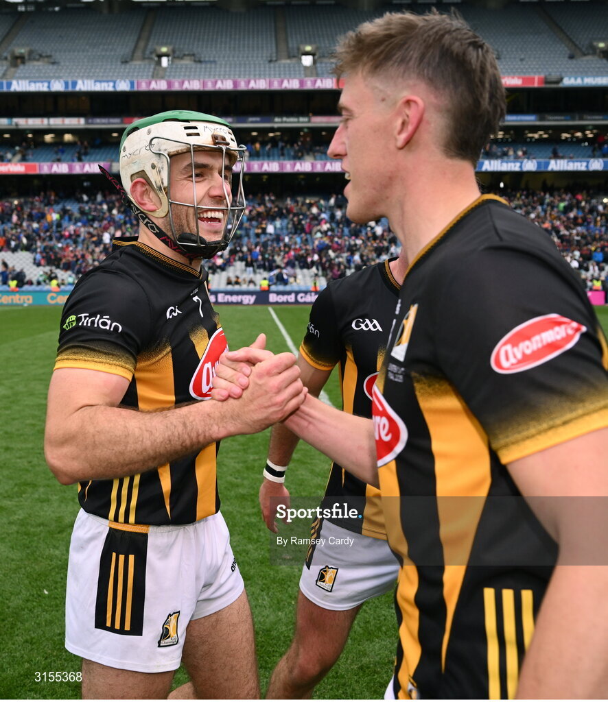 8 June 2025; Paddy Deegan, left, and Stephen Donnelly of Kilkenny celebrate after the Leinster GAA Senior Hurling Championship final match between Kilkenny and Galway at Croke Park in Dublin. Photo by Ramsey Cardy/Sportsfile
