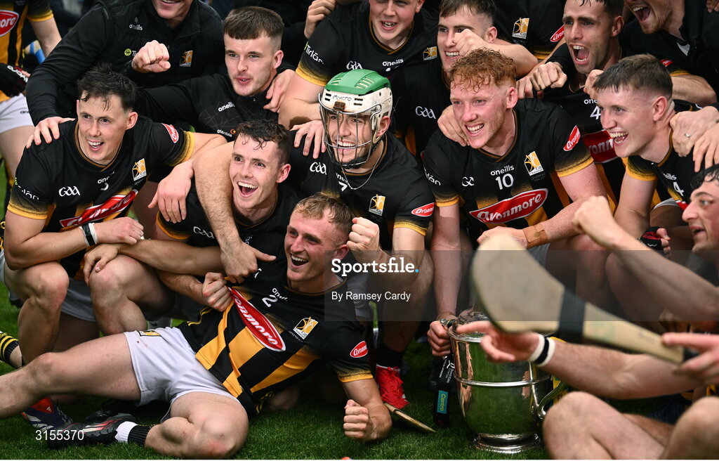8 June 2025; The Kilkenny team celebrate with the Bob O'Keeffe Cup after the Leinster GAA Senior Hurling Championship final match between Kilkenny and Galway at Croke Park in Dublin. Photo by Ramsey Cardy/Sportsfile