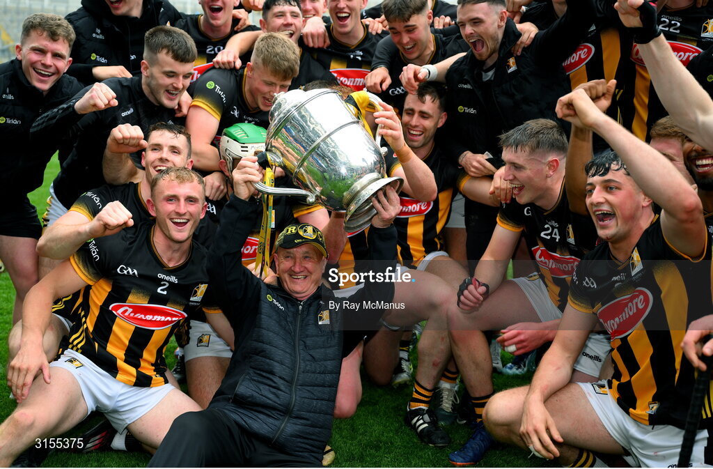 8 June 2025; Kilkenny players and kit man Rackard Cody, holding the Bob O'Keeffe Cup, celebrate after the Leinster GAA Senior Hurling Championship final match between Kilkenny and Galway at Croke Park in Dublin. Photo by Ray McManus/Sportsfile