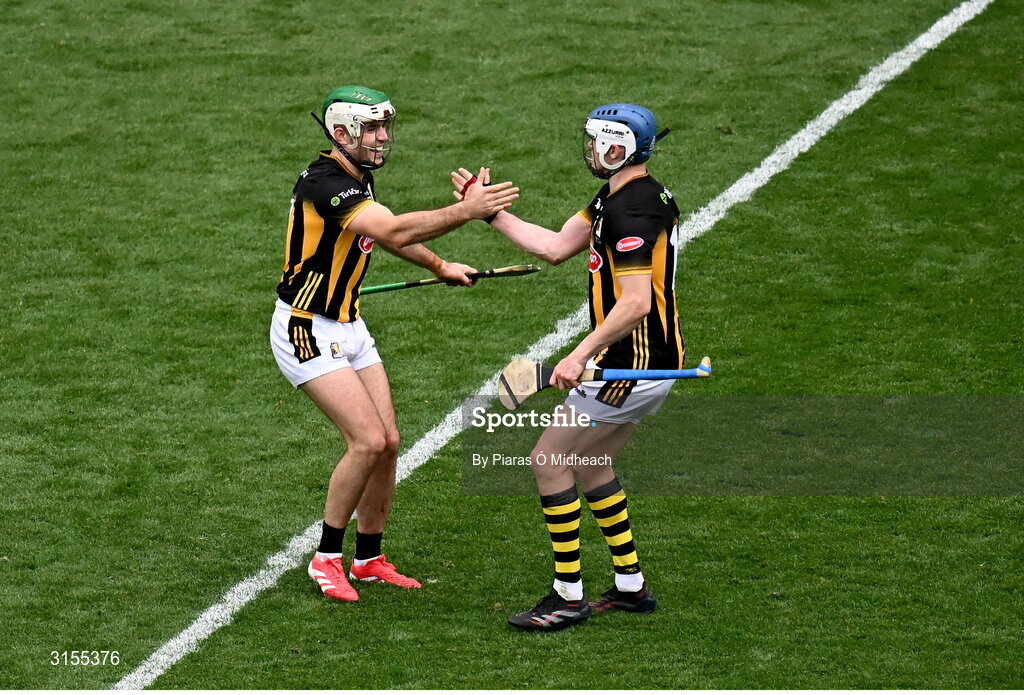 8 June 2025; Kilkenny players Paddy Deegan, left, and TJ Reid after their side's victory in the Leinster GAA Senior Hurling Championship final match between Kilkenny and Galway at Croke Park in Dublin. Photo by Piaras Ó Mídheach/Sportsfile