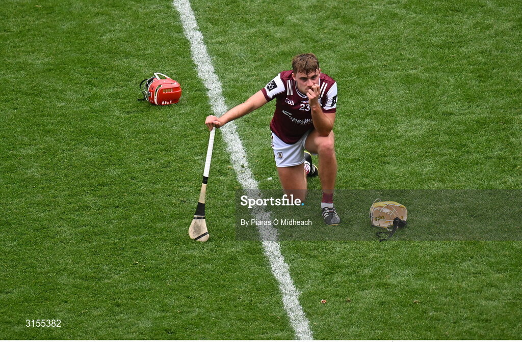 8 June 2025; Tiernan Killeen of Galway after his side's defeat in the Leinster GAA Senior Hurling Championship final match between Kilkenny and Galway at Croke Park in Dublin. Photo by Piaras Ó Mídheach/Sportsfile