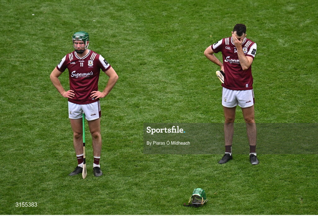 8 June 2025; Galway players Cathal Mannion, left, and Brian Concannon after their side's defeat in the Leinster GAA Senior Hurling Championship final match between Kilkenny and Galway at Croke Park in Dublin. Photo by Piaras Ó Mídheach/Sportsfile