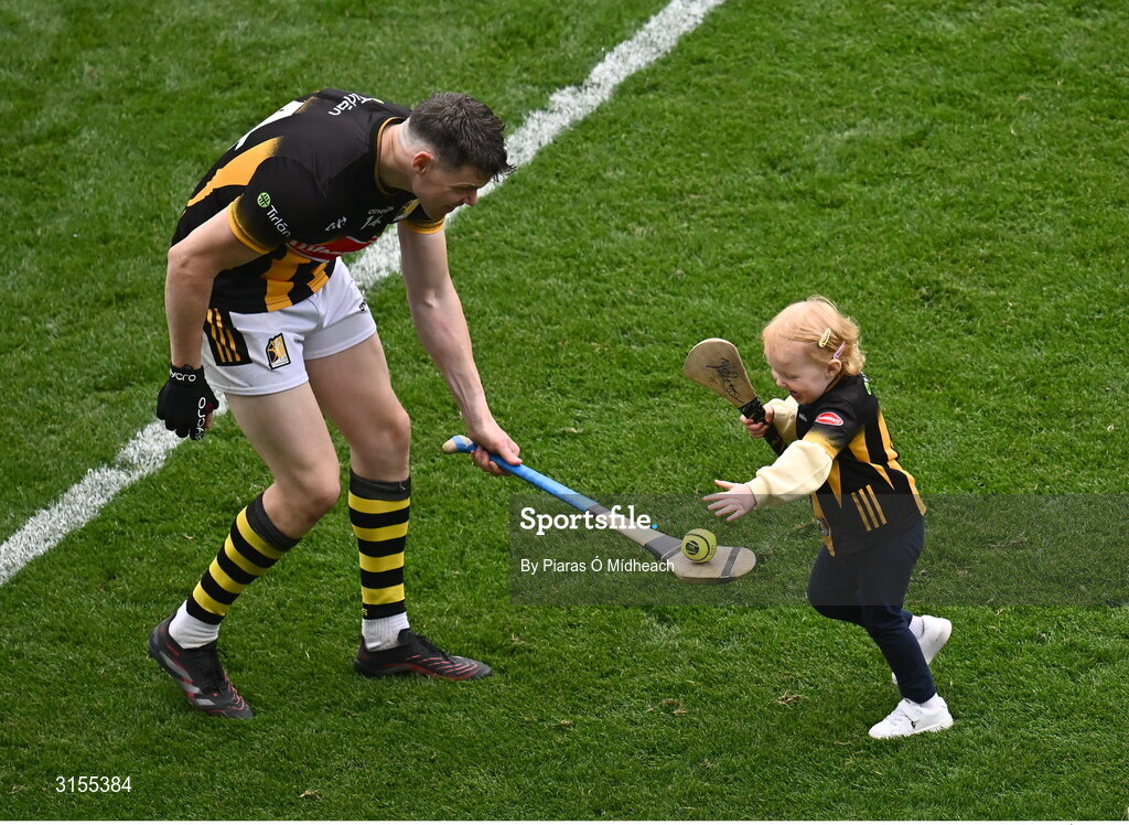 8 June 2025; TJ Reid of Kilkenny plays with his daughter Harper Mary, aged 2 and a half, on the pitch after victory in the Leinster GAA Senior Hurling Championship final match between Kilkenny and Galway at Croke Park in Dublin. Photo by Piaras Ó Mídheach/Sportsfile