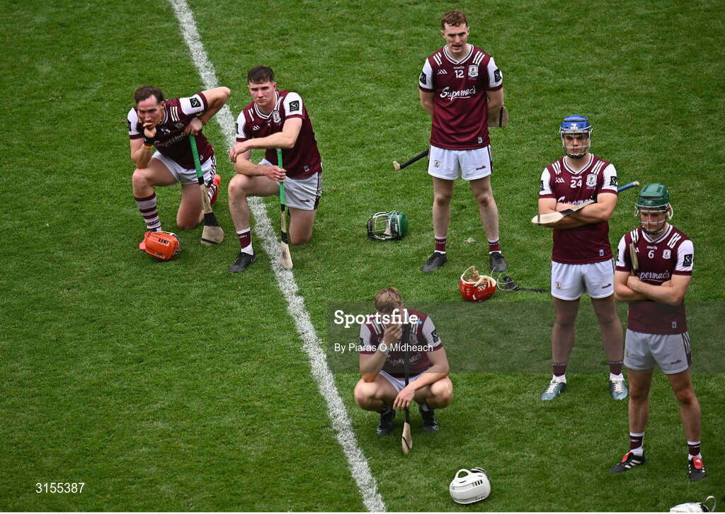 8 June 2025; Galway players, from left, Conor Whelan, Cathal Mannion, Darren Morrissey, Tom Monaghan, Anthony Burns and Gavin Lee after their side's defeat in the Leinster GAA Senior Hurling Championship final match between Kilkenny and Galway at Croke Park in Dublin. Photo by Piaras Ó Mídheach/Sportsfile