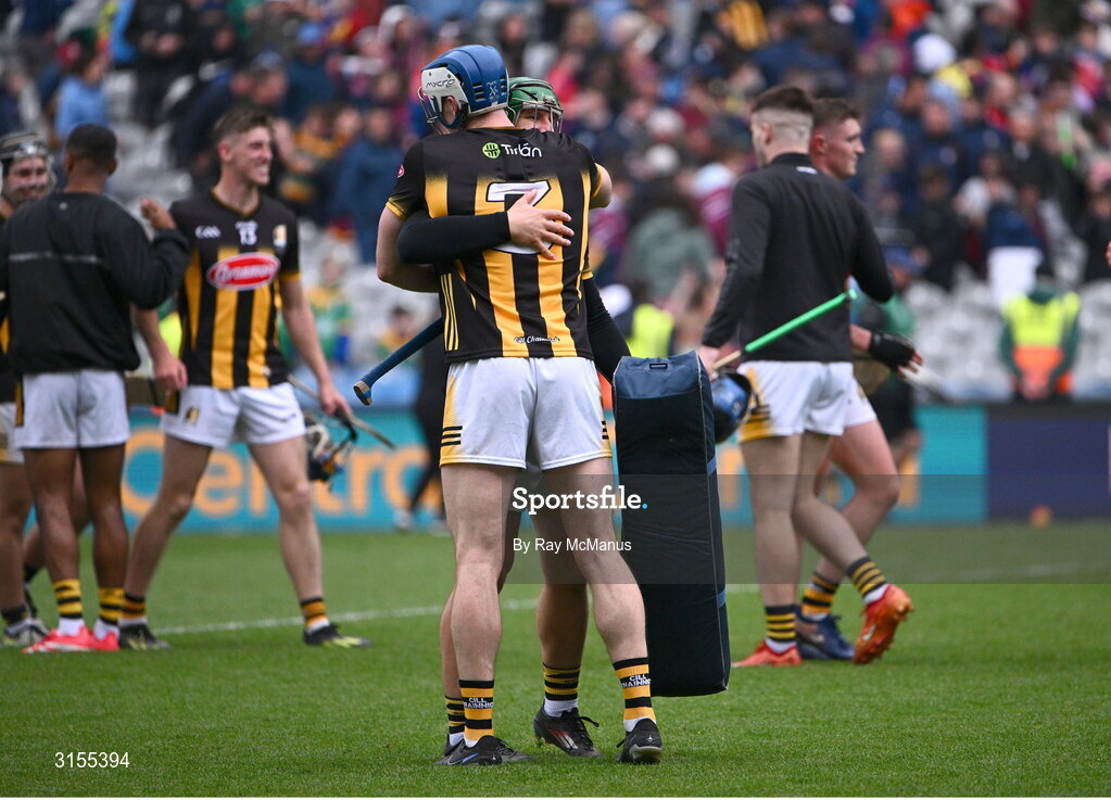 8 June 2025; Kilkenny goalkeeper Eoin Murphy and Huw Lawlor celebrate after the Leinster GAA Senior Hurling Championship final match between Kilkenny and Galway at Croke Park in Dublin. Photo by Ray McManus/Sportsfile