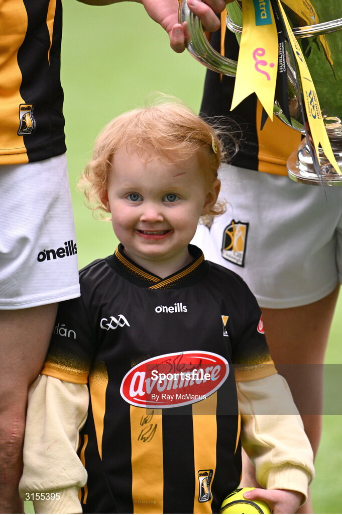 8 June 2025; Two and a half year old Harper Mary poses with Kilkenny players, including her dad TJ Reid, after the Leinster GAA Senior Hurling Championship final match between Kilkenny and Galway at Croke Park in Dublin. Photo by Ray McManus/Sportsfile