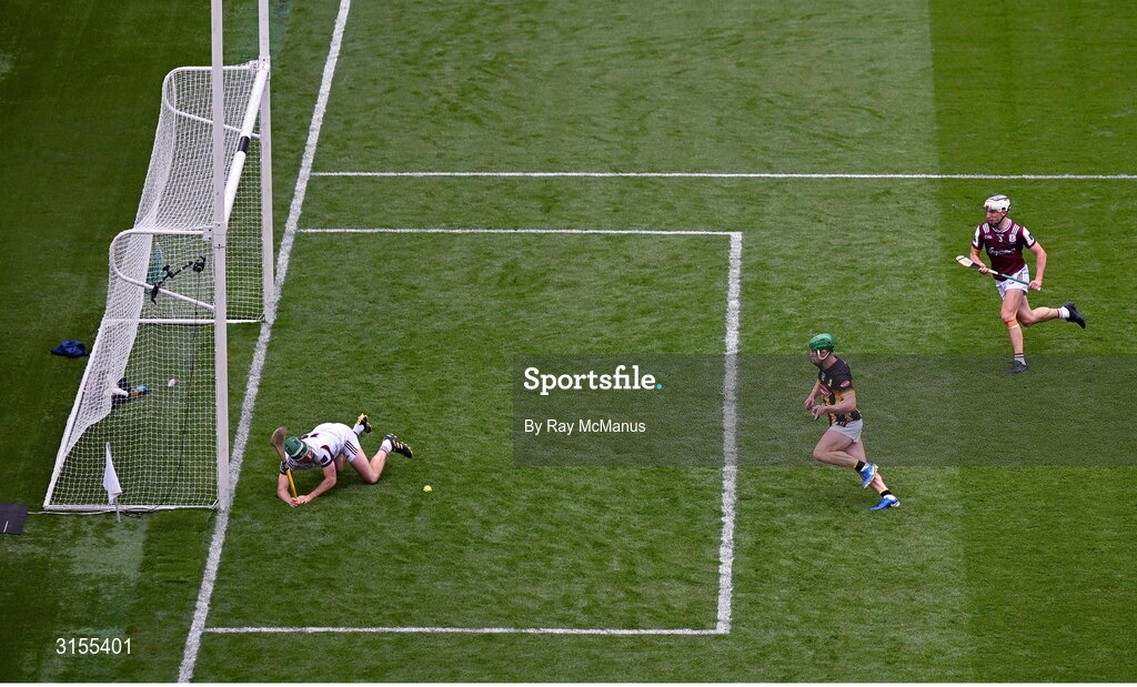 8 June 2025; Galway full back Daithí Burke looks on as goalkeeper Eanna Murphy saves a shot from TJ Reid, only to have Martin Keoghan of Kilkenny run in and score a goal, during the Leinster GAA Senior Hurling Championship final match between Kilkenny and Galway at Croke Park in Dublin. Photo by Ray McManus/Sportsfile