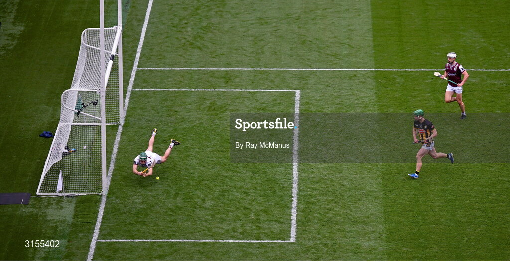 8 June 2025; Galway full back Daithí Burke looks on as goalkeeper Eanna Murphy saves a shot from TJ Reid, only to have Martin Keoghan of Kilkenny run in and score a goal, during the Leinster GAA Senior Hurling Championship final match between Kilkenny and Galway at Croke Park in Dublin. Photo by Ray McManus/Sportsfile