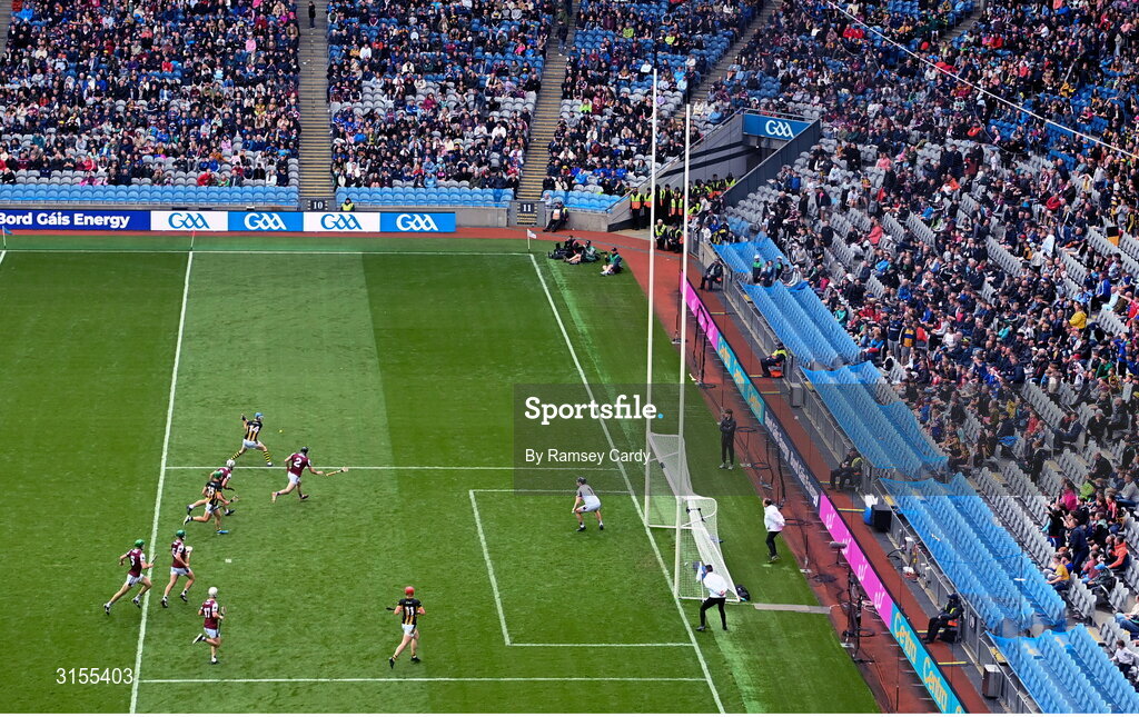 8 June 2025; TJ Reid of Kilkenny shoots to score his side's second goal during the Leinster GAA Senior Hurling Championship final match between Kilkenny and Galway at Croke Park in Dublin. Photo by Ramsey Cardy/Sportsfile