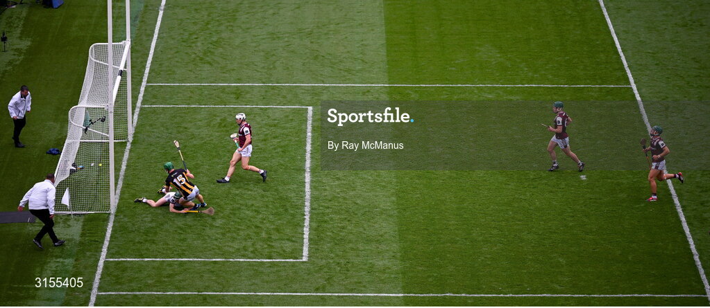 8 June 2025; Martin Keoghan of Kilkenny, 15, shoots to score his side's first goal past Galway goalkeeper Eanna Murphy during the Leinster GAA Senior Hurling Championship final match between Kilkenny and Galway at Croke Park in Dublin. Photo by Ray McManus/Sportsfile
