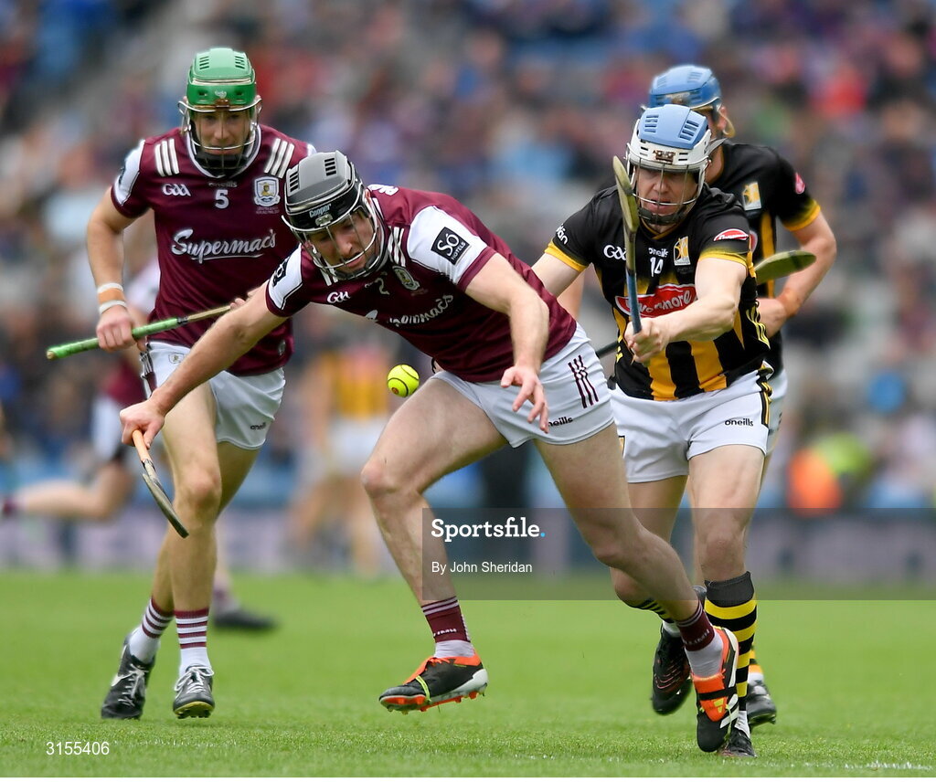 8 June 2025; Padraic Mannion of Galway in action against TJ Reid of Kilkenny during the Leinster GAA Senior Hurling Championship final match between Kilkenny and Galway at Croke Park in Dublin. Photo by John Sheridan/Sportsfile