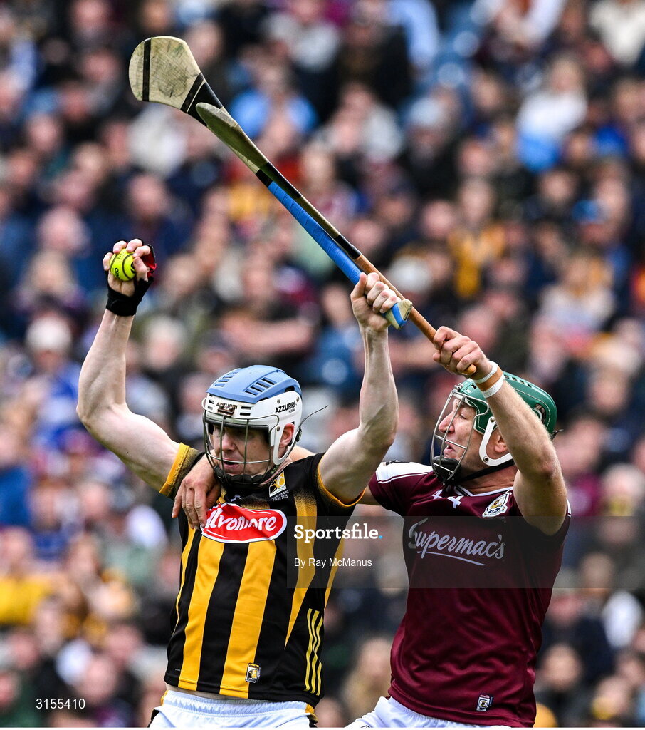 8 June 2025; TJ Reid of Kilkenny wins possession ahead of Fintan Burke of Galway during the Leinster GAA Senior Hurling Championship final match between Kilkenny and Galway at Croke Park in Dublin. Photo by Ray McManus/Sportsfile
