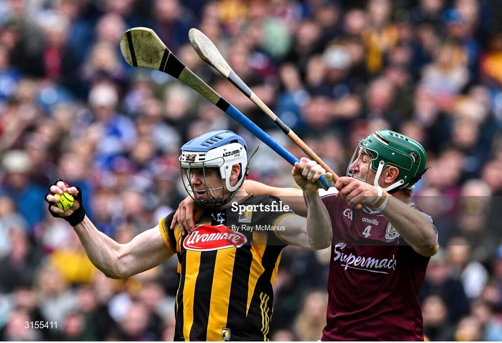 8 June 2025; TJ Reid of Kilkenny wins possession ahead of Fintan Burke of Galway during the Leinster GAA Senior Hurling Championship final match between Kilkenny and Galway at Croke Park in Dublin. Photo by Ray McManus/Sportsfile