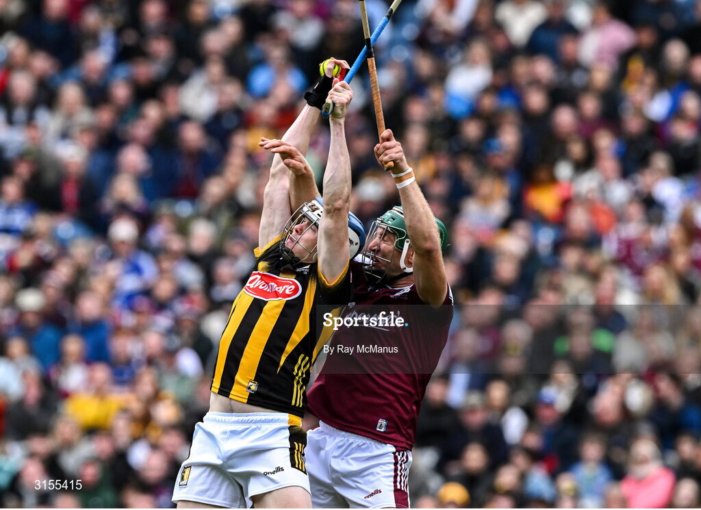 8 June 2025; TJ Reid of Kilkenny wins possession ahead of Fintan Burke of Galway during the Leinster GAA Senior Hurling Championship final match between Kilkenny and Galway at Croke Park in Dublin. Photo by Ray McManus/Sportsfile