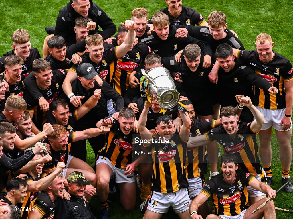 8 June 2025; Cian Kenny of Kilkenny holds the Bob O'Keeffe Cup aloft during the celebrations after victory in the Leinster GAA Senior Hurling Championship final match between Kilkenny and Galway at Croke Park in Dublin. Photo by Piaras Ó Mídheach/Sportsfile