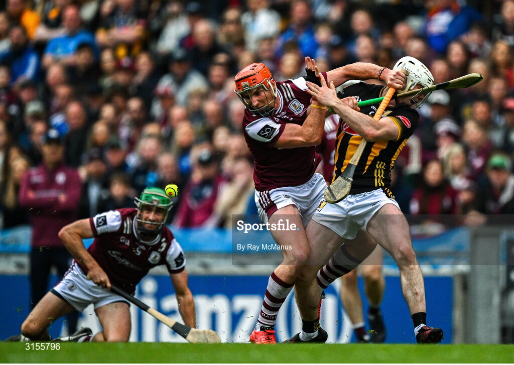 8 June 2025; Jordan Molloy of Kilkenny is tackled by Conor Whelan of Galway during the Leinster GAA Senior Hurling Championship final match between Kilkenny and Galway at Croke Park in Dublin. Photo by Ray McManus/Sportsfile