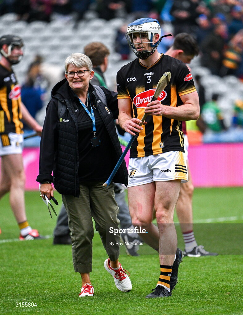 8 June 2025; Mary Morgan, Communications Officer, Kilkenny GAA, with Huw Lawlor of Kilkenny after the Leinster GAA Senior Hurling Championship final match between Kilkenny and Galway at Croke Park in Dublin. Photo by Ray McManus/Sportsfile