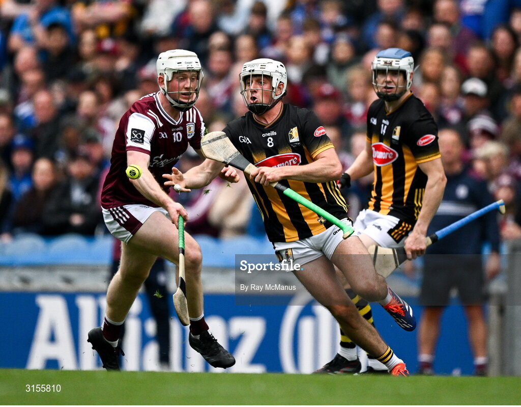 8 June 2025; Cian Kenny of Kilkenny is tackled by Padraic Mannion of Galway during the Leinster GAA Senior Hurling Championship final match between Kilkenny and Galway at Croke Park in Dublin. Photo by Ray McManus/Sportsfile