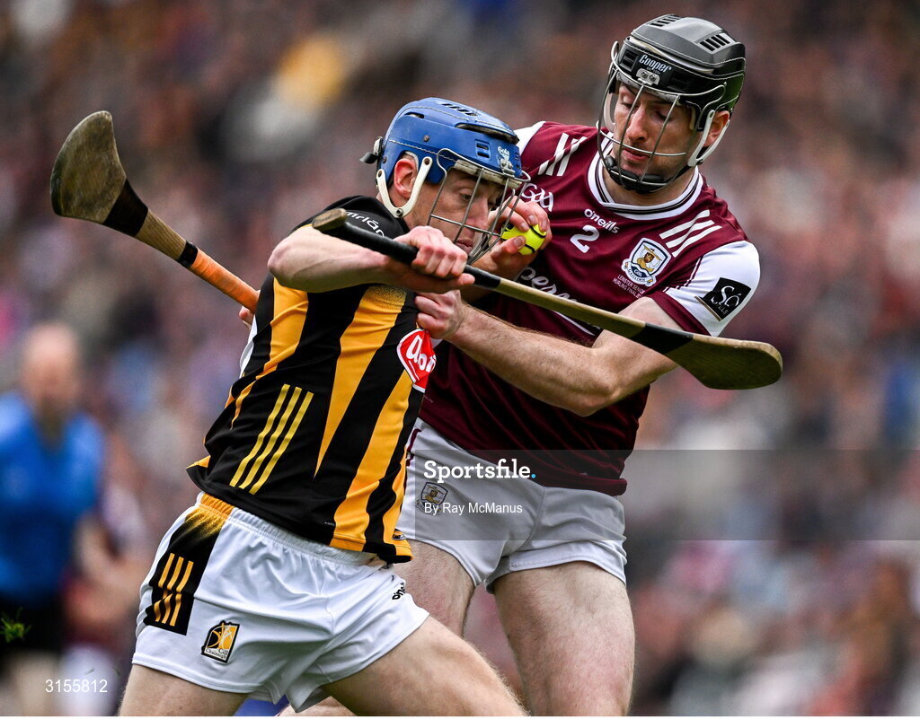 8 June 2025; Stephen Donnelly of Kilkenny is tackled by Padraic Mannion of Galway during the Leinster GAA Senior Hurling Championship final match between Kilkenny and Galway at Croke Park in Dublin. Photo by Ray McManus/Sportsfile